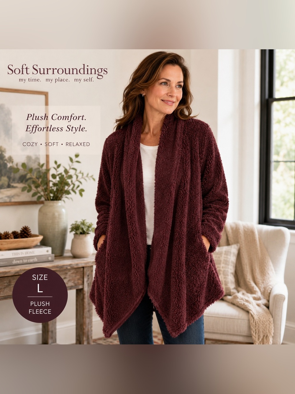 Soft Surroundings Plush Fleece Cardigan Wrap Burgundy Open Front Cozy Jacket L